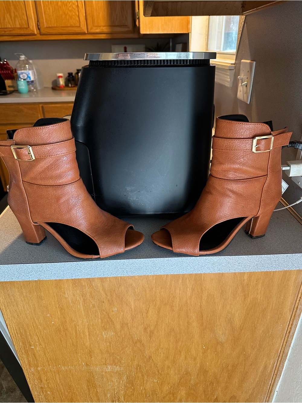 Women’s Brown Peep-Toe Ankle Boots with Buckle